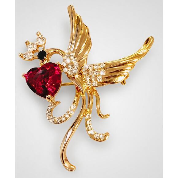 Unbranded Jewelry - Vintage Rise Gold-tone Phoenix Bird Brooch Pin- Red Sparkly Red Heart ab1-54